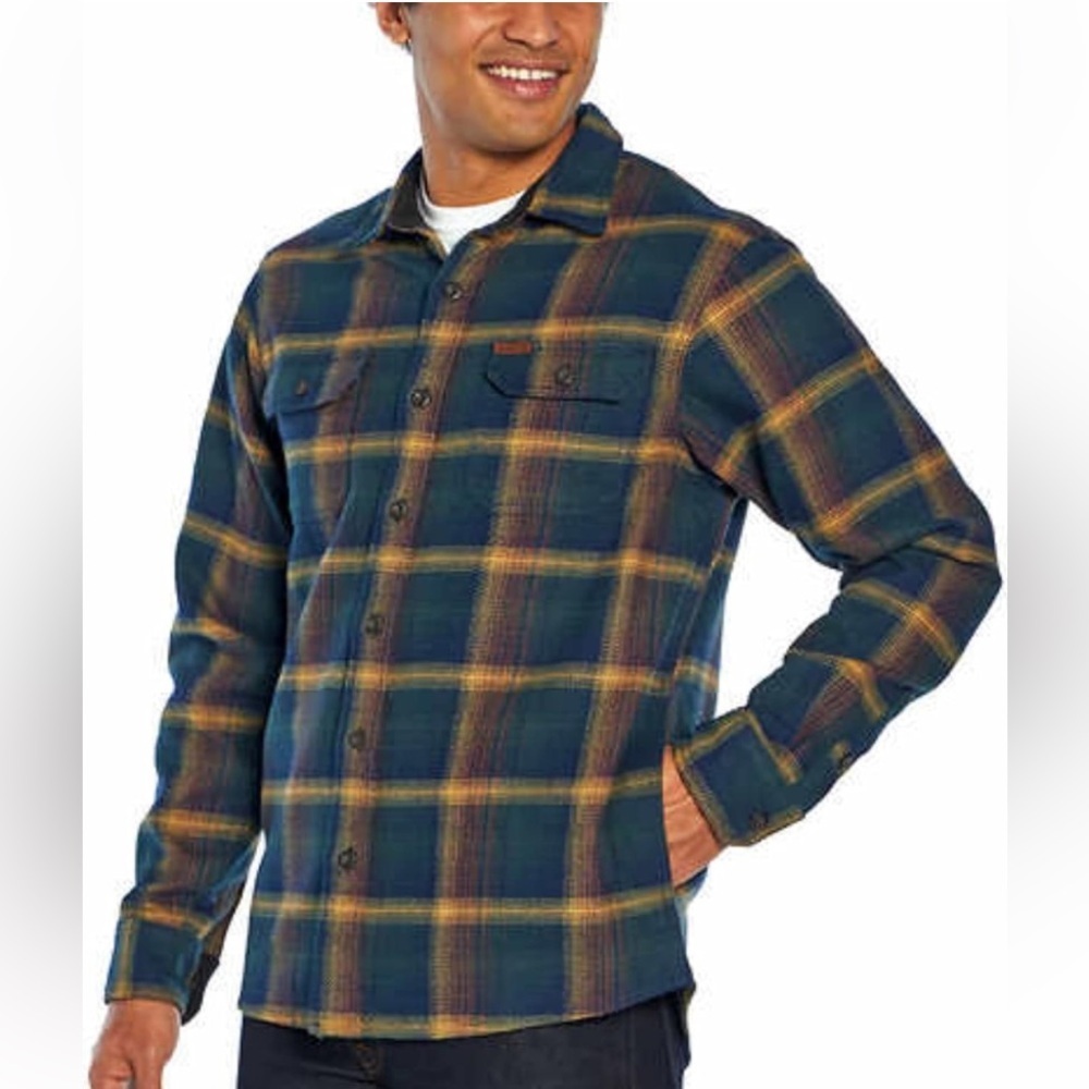 Orvis Men's Heavyweight Flannel Shirt Plaid Button Jacket Blue Yellow Size Med